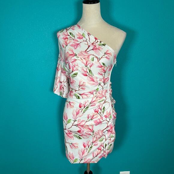Bronx and Banco Layla Mini Dress Pink Floral One Shoulder Ruched Party Sz XS - Picture 3 of 7